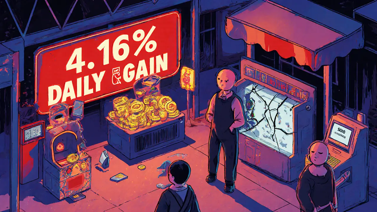 Empty market stalls under a fake gain sign, with <h2>Comparison: Social Send vs. Real Blockchain Social Platforms</h2> volume displayed on a cracked screen and faceless buyers.