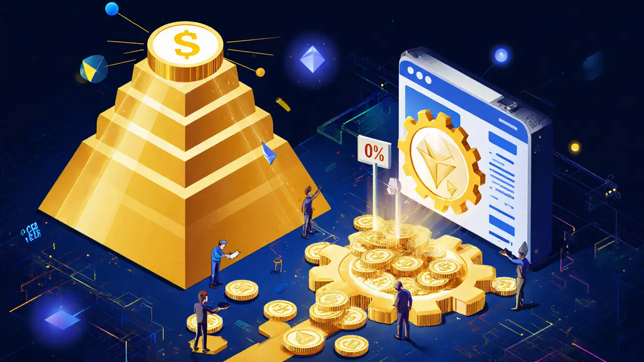 Golden STON token pyramid emitting rewards, liquidity providers feeding coins into gears, 0% sign crushing gas fees.