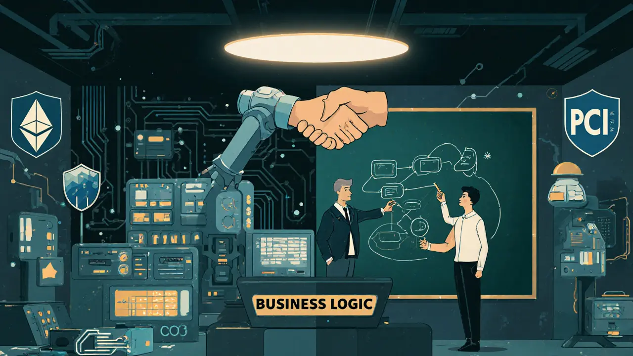 Hybrid audit room with machines and humans working together, symbols of blockchain and compliance floating above.