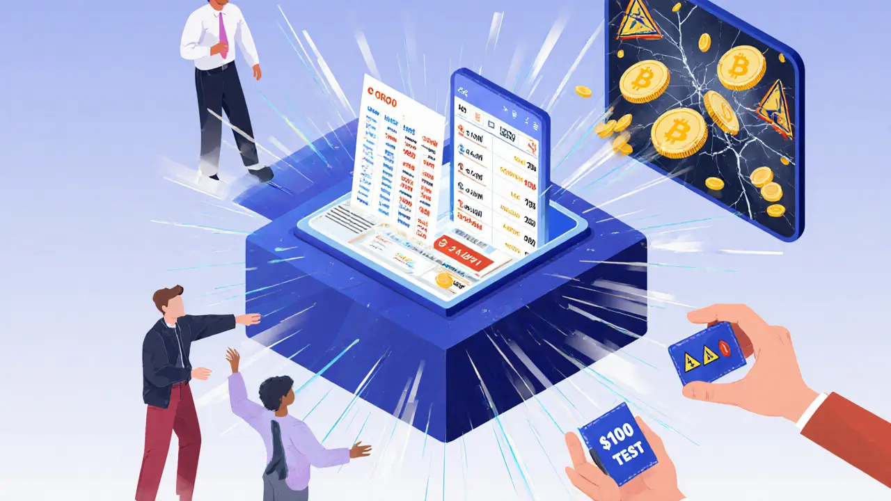 Mobile app prism with alerts and users reaching toward it, one withdrawing 0 test funds