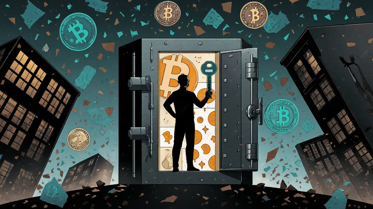 Person holding private key inside open blockchain vault as centralized exchanges crumble in background