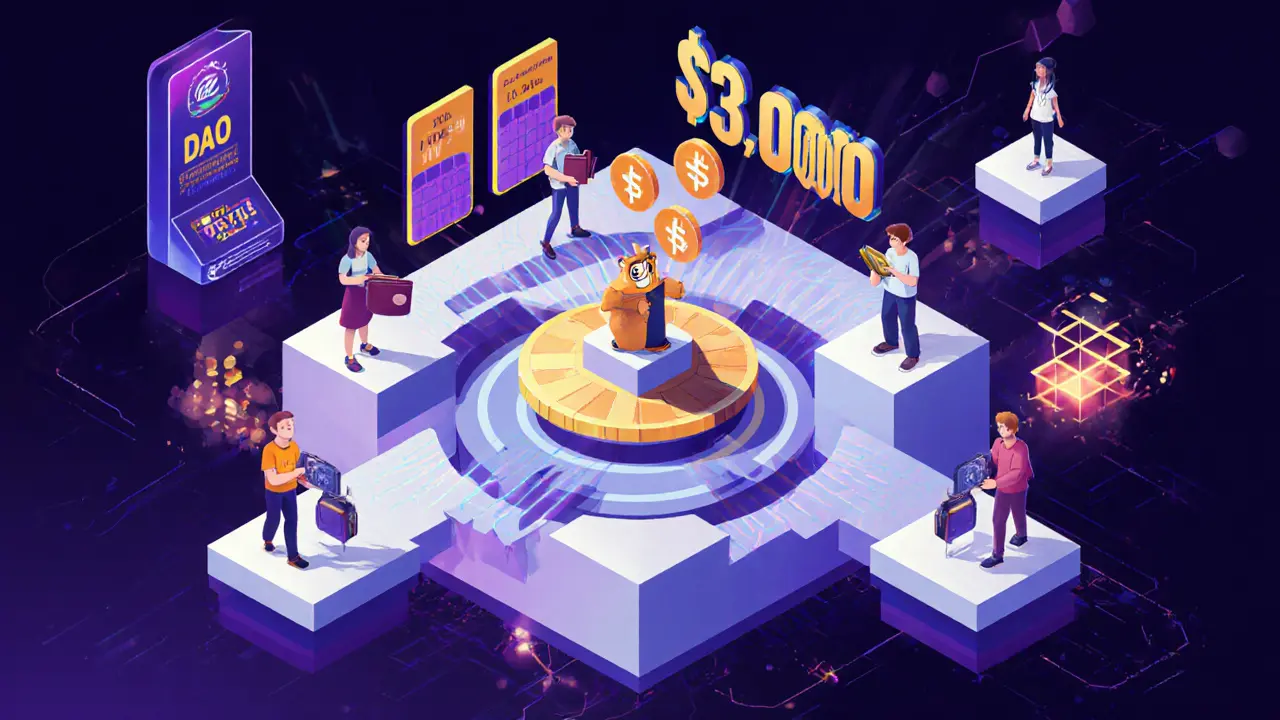 Players on floating platforms in a cube-shaped tournament arena, earning tokens and surrounded by prize pool visuals.