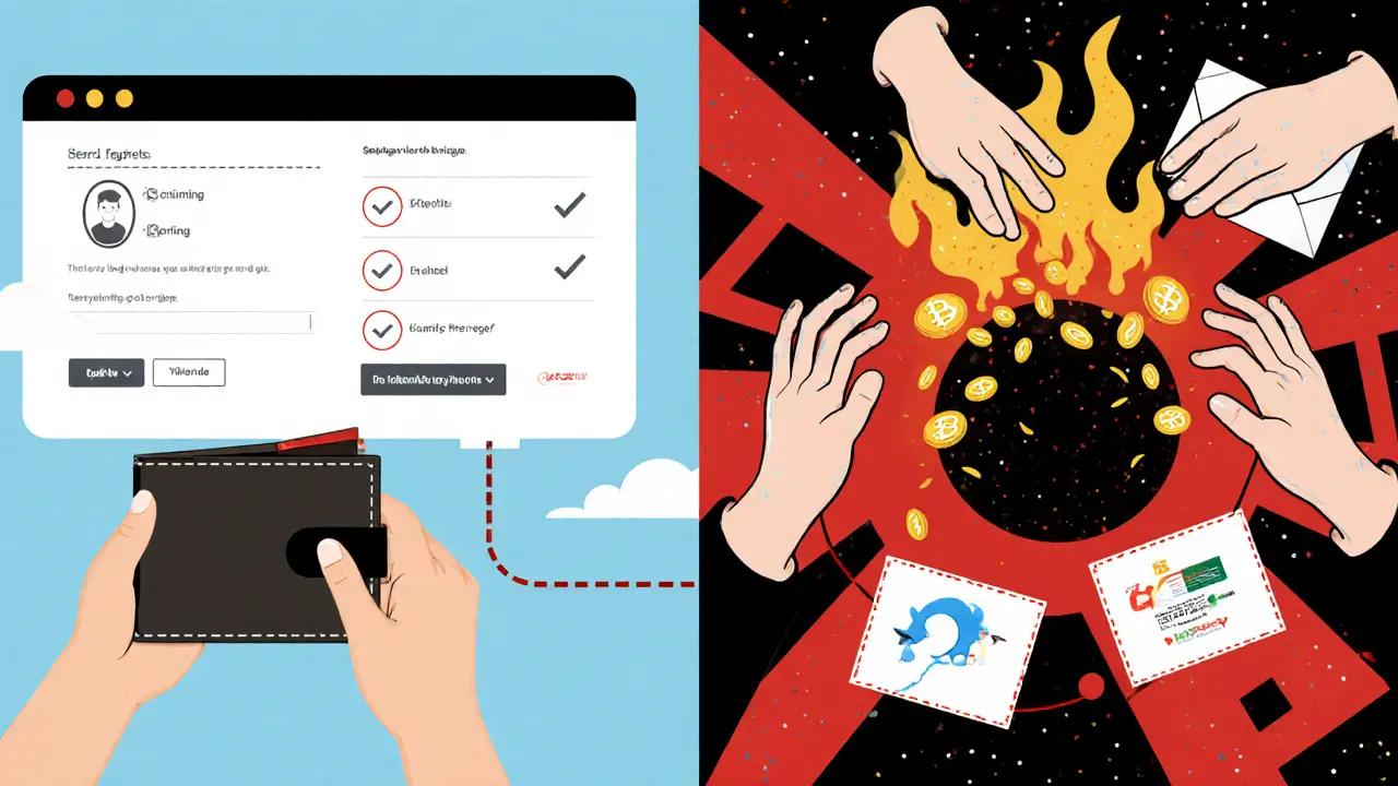 Split scene: safe wallet connection vs. phishing chaos in bold Constructivist colors.