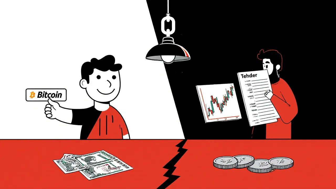 Split scene showing beginner and advanced crypto trading interfaces with geometric financial symbols in bold lines.