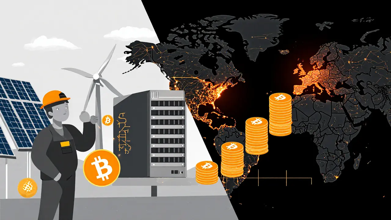 Split scene: Texas windfarm mining rig and global mining hubs connected by glowing data lines.