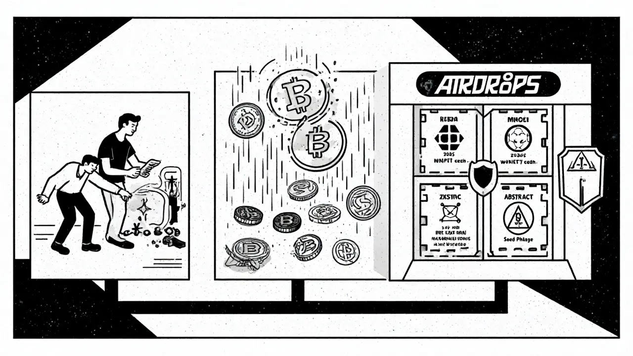 Timeline mural of airdrop history with protected projects and security warnings.