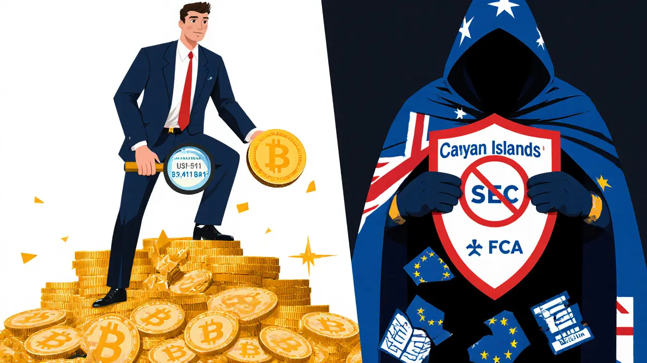 Trader on a coin mountain vs. shadowy unregulated figure in Constructivist split composition