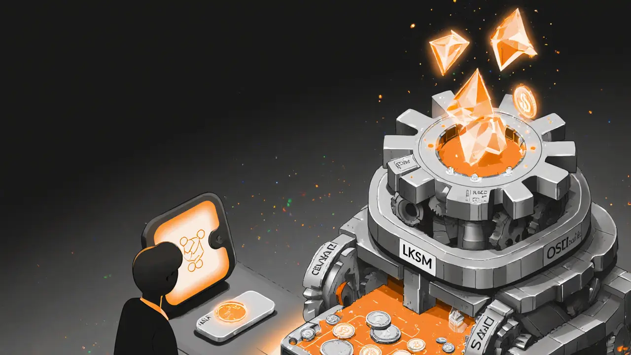 User connected to a DeFi machine with gears for staking, borrowing, lending, and swapping, tokens cascading down