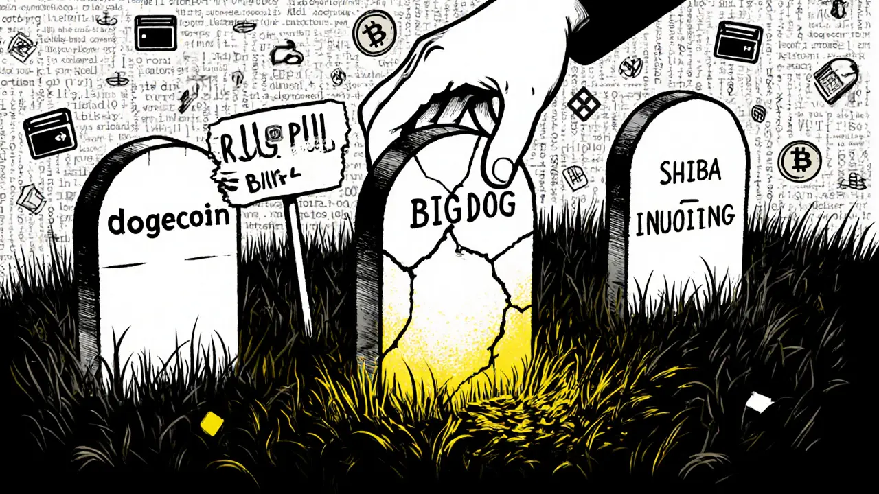 A crypto graveyard with a cracked BIGDOG tombstone glowing faintly among other dead coins.
