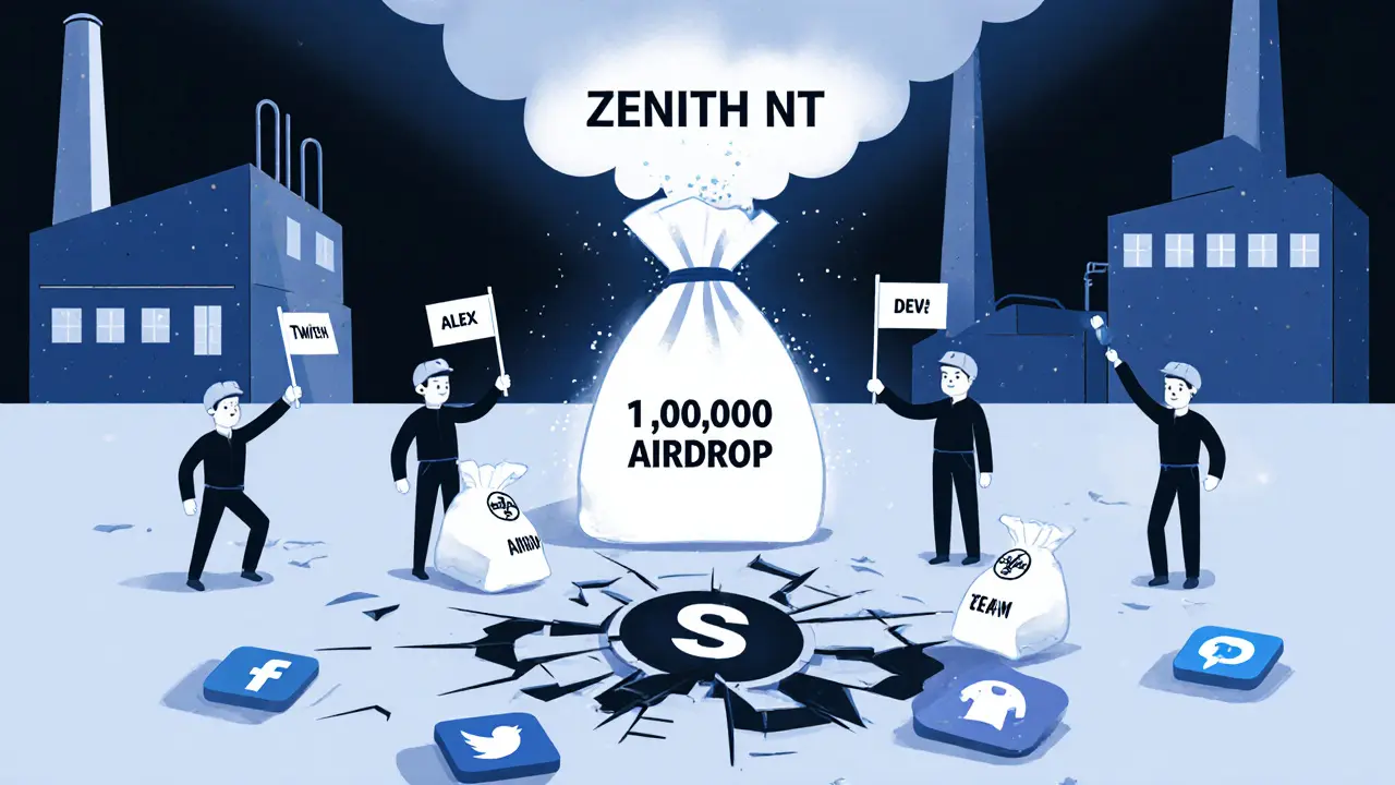 A factory labeled ZENITH NT spewing empty token bags into void, workers with generic names waving blank flags.