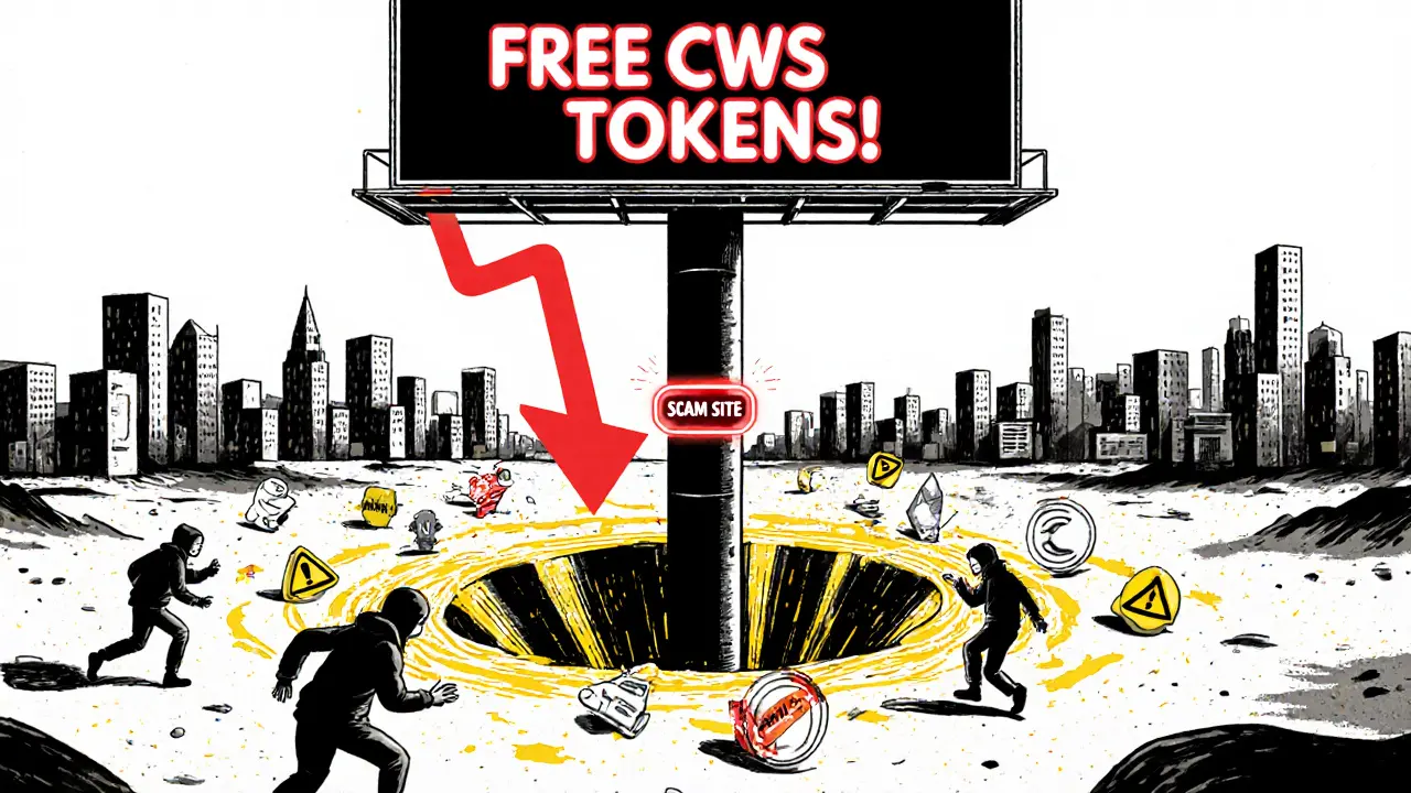 A giant fake airdrop billboard pointing to a pit of phishing scams over a deserted crypto city.