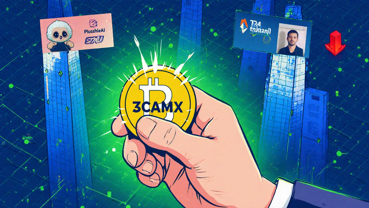 A giant hand labeled SCAM crushing a ZENITHX token while real airdrops rise as sturdy towers in distance.