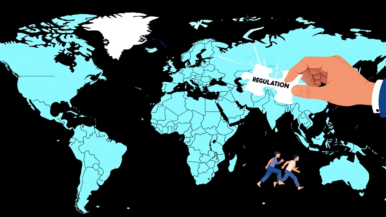 A global map with EU emitting data beams to cracked regions, a hand forcing compliance.