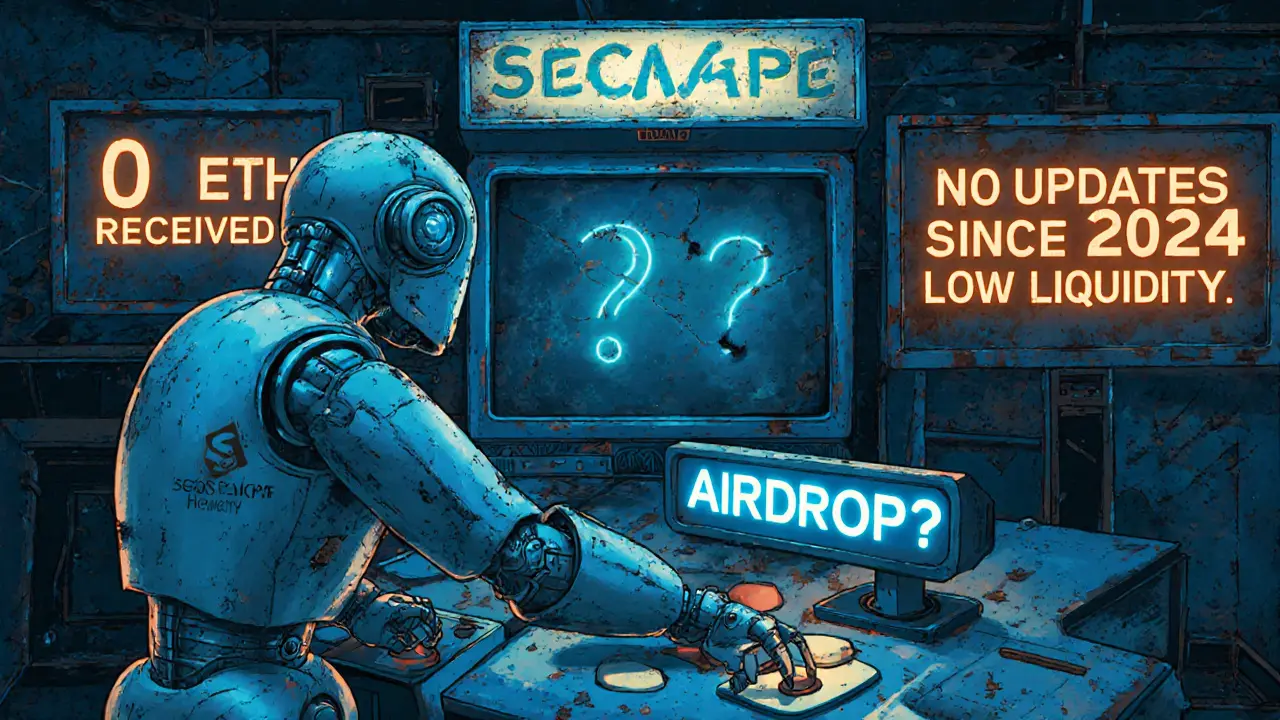 A lonely robot in a faded arcade pressing buttons labeled &#039;Airdrop?&#039; with broken screens around it.