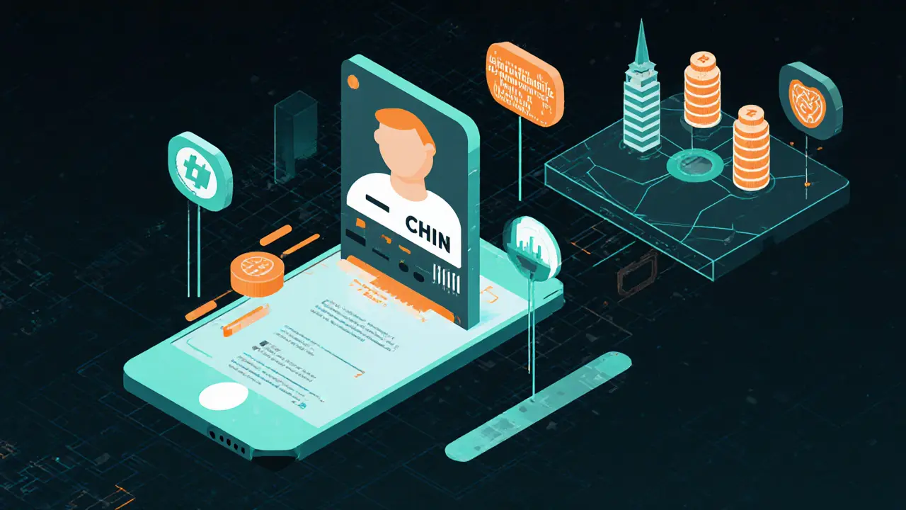 A mobile interface showing CHIN rewards and gaming tasks floating above a network of Latin American cities.