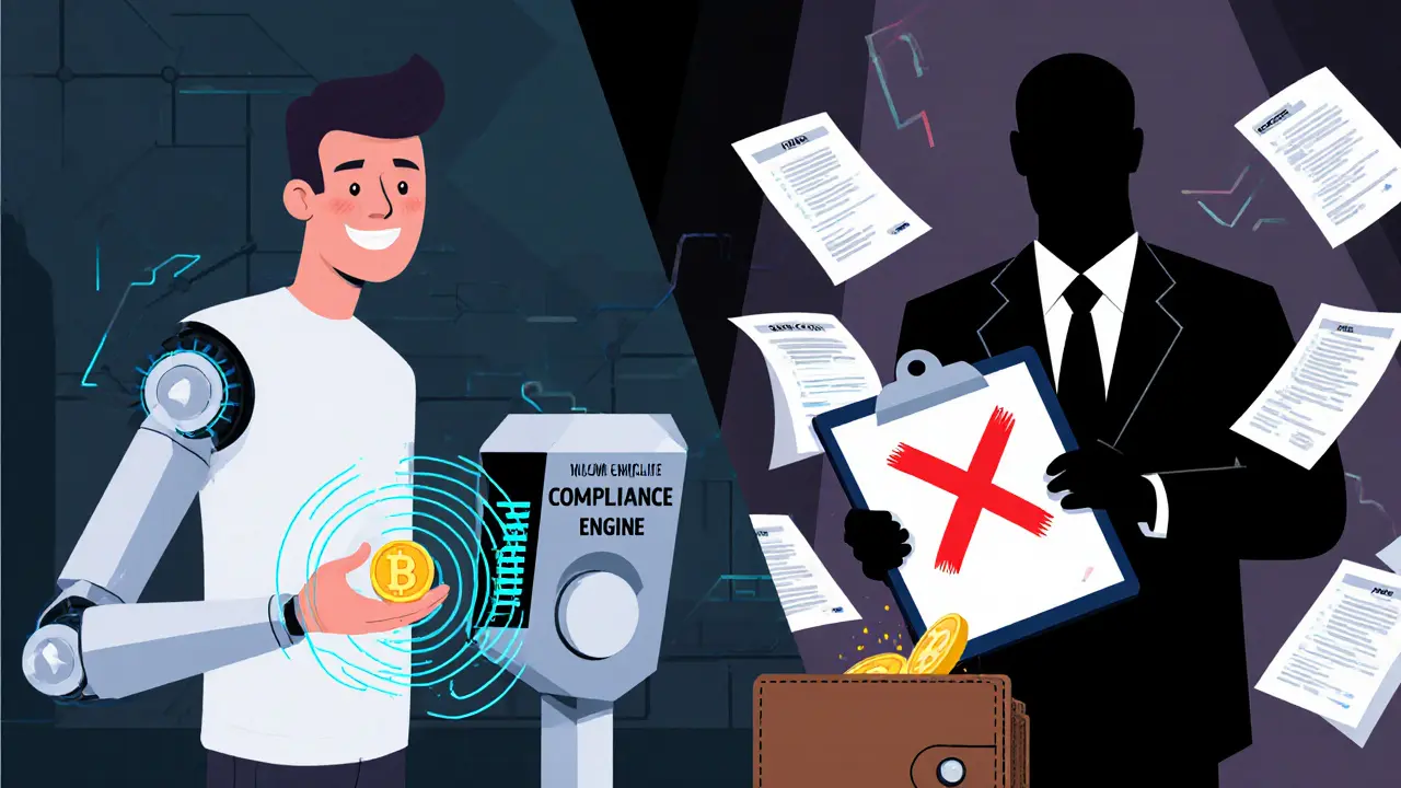 A robot scans a crypto coin as data streams out, while a shadowy figure faces fines and lost users.