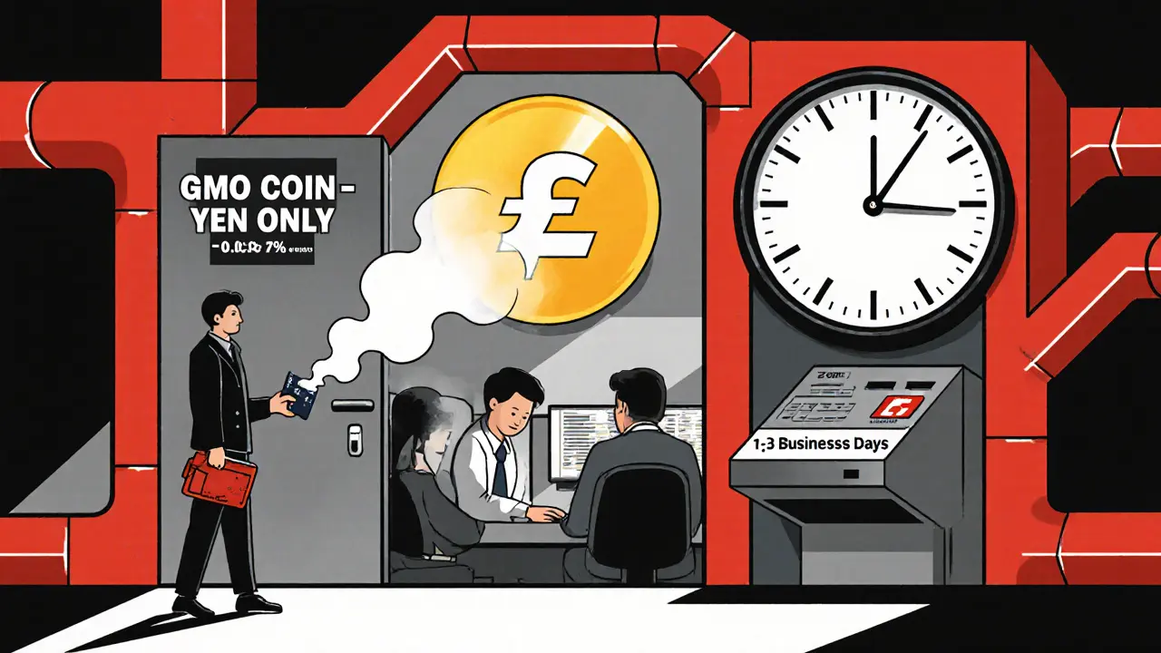 An international trader is locked out of GMO Coin, holding a credit card that vanishes into smoke.