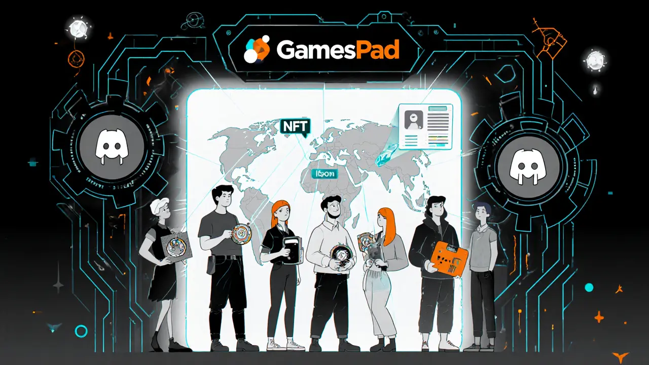 Diverse gamers before a digital portal, activating a GameFi map with their NFTs under mechanical patterns.