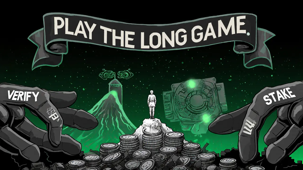 Figure atop a token mountain gazing at merging blockchains, scam bots crushed below with &#039;Play the Long Game&#039; banner.