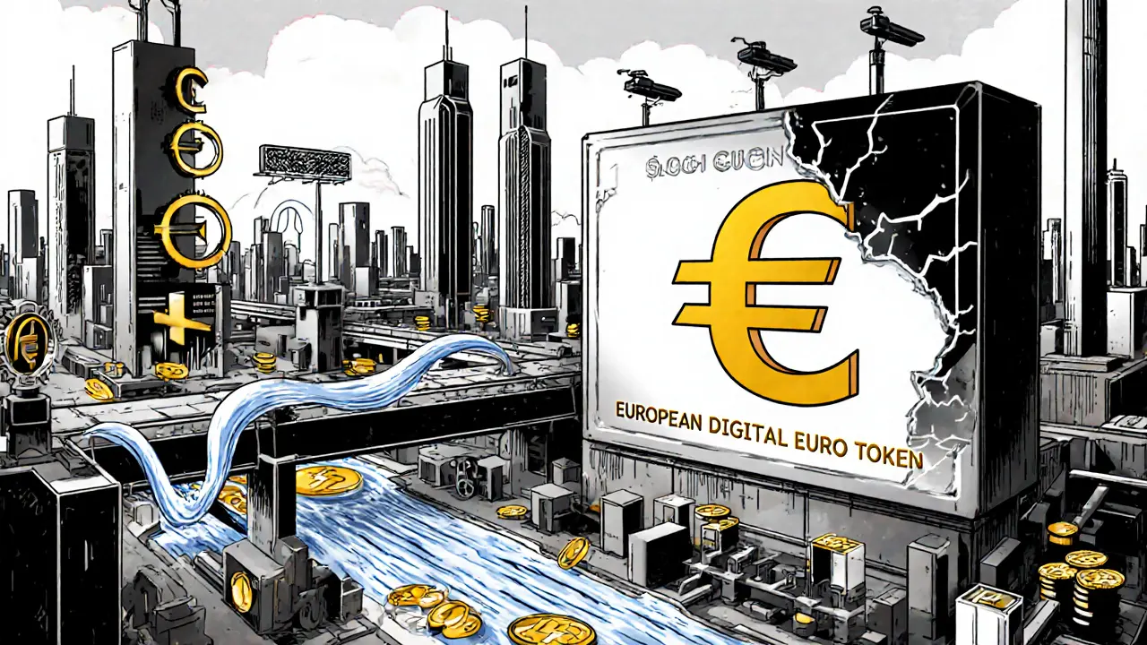 Futuristic European city with compliant stablecoins flowing through pipelines as USDT billboard crumbles.