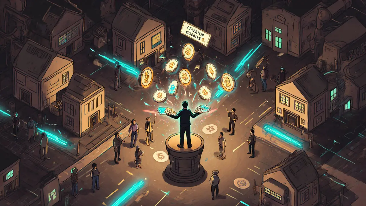 Futuristic town where digital tokens transform into physical art and concert tickets