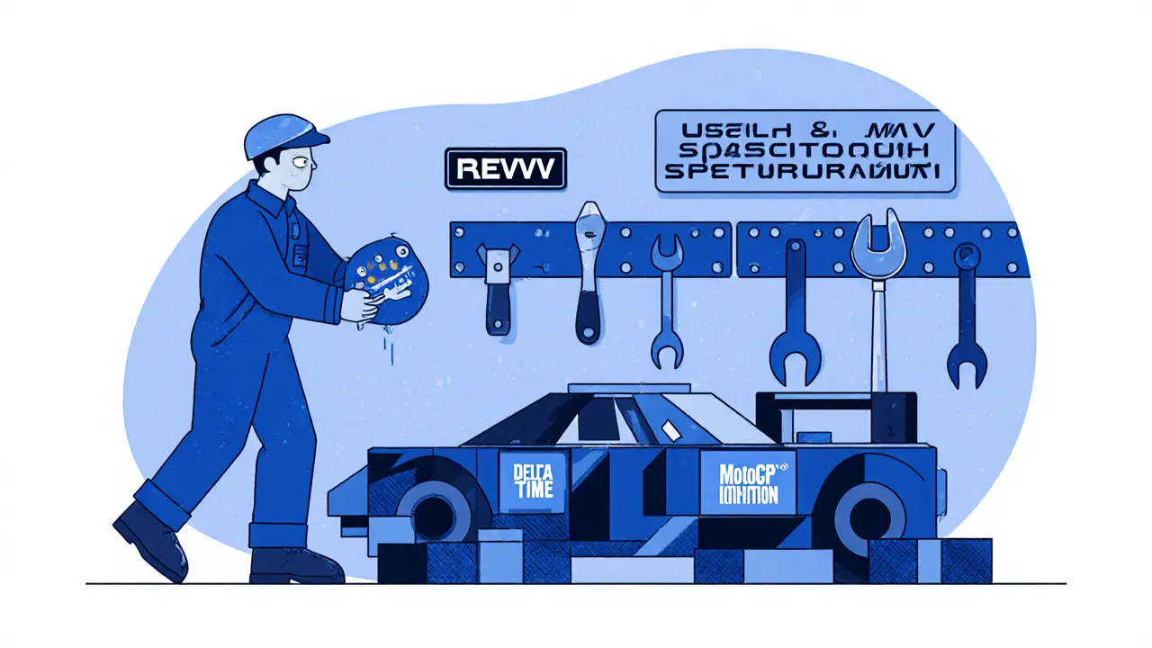 Mechanic using REVV token as wrench to repair a block-style racing car.