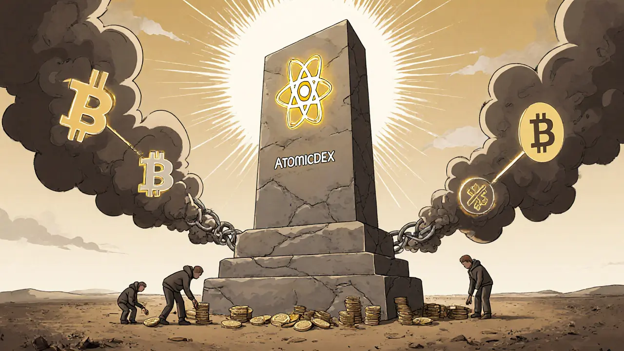 Monument with crypto symbols standing in digital wasteland, tiny traders depositing coins as Liquidity Nodes power it from behind