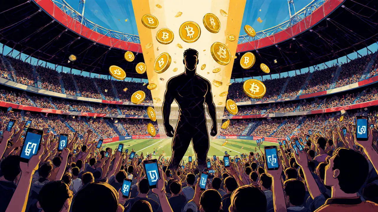 Sergio Agüero at a massive live soccer event, with CHIN tokens radiating into a cheering crowd.