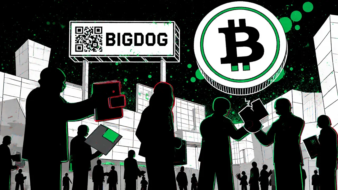 Shadowy figures trade empty wallets beneath a giant flickering BIGDOG token in a geometric dystopian market.