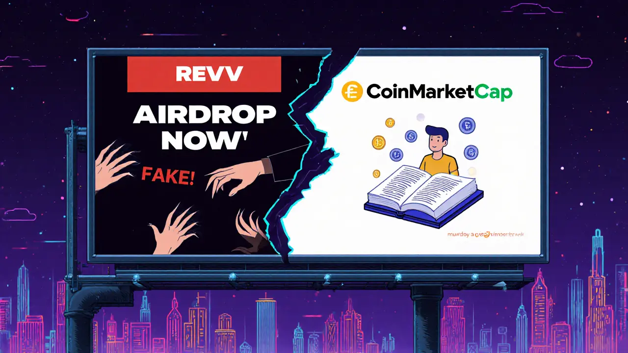 Split billboard: fake 2025 scam ad vs. real 2021 Learn &amp; Earn campaign.
