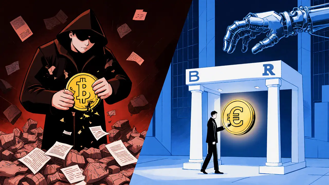 Split scene: chaotic trader with failing USDT on left, calm exchange of euro stablecoin on right.
