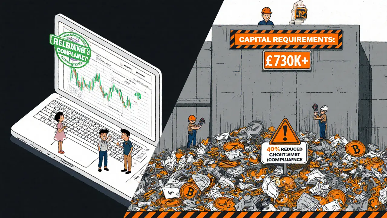 Split scene: compliant trading platform vs. pile of discarded altcoins, regulatory wall looms