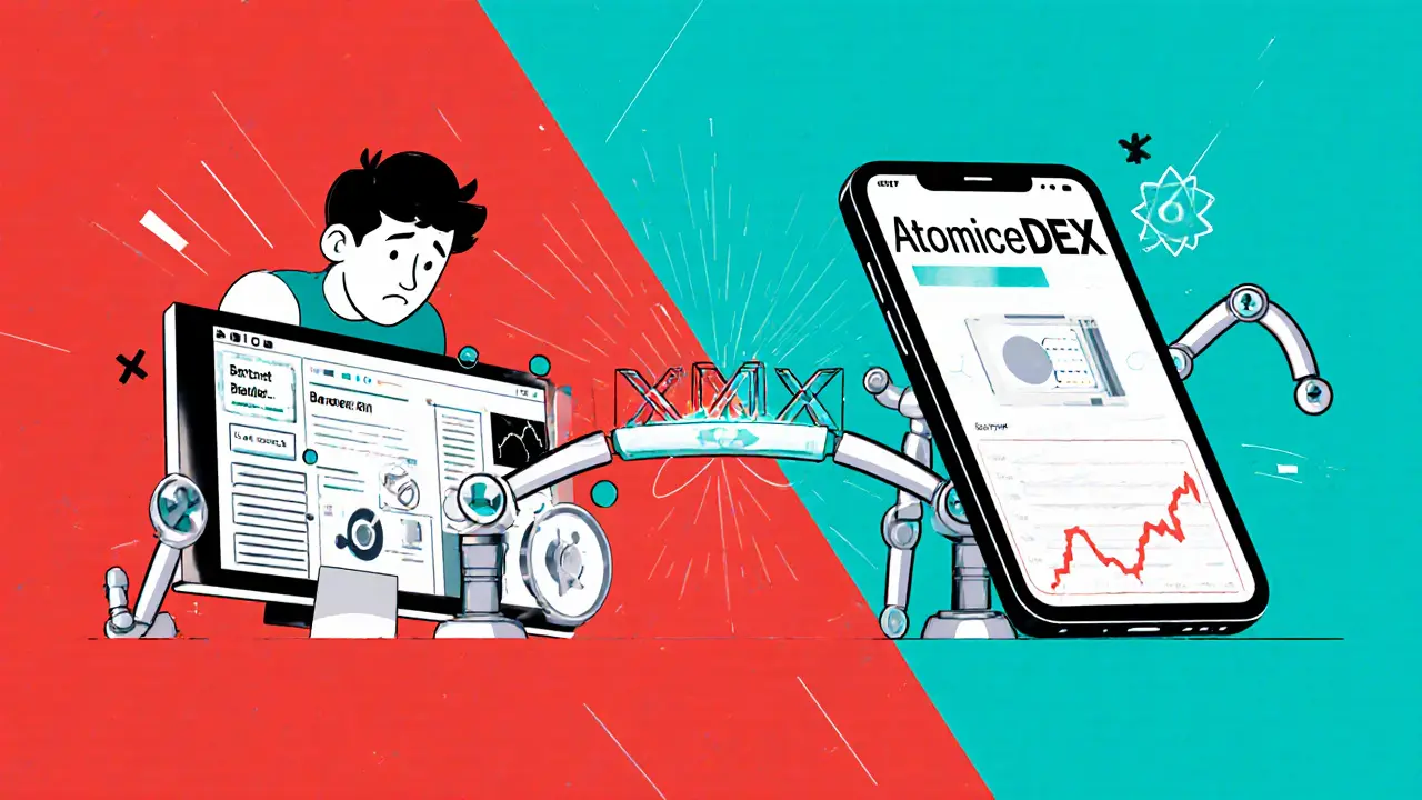 Split-screen of frustrated BarterDEX user versus confident AtomicDEX mobile trader with glowing swap bridge between them