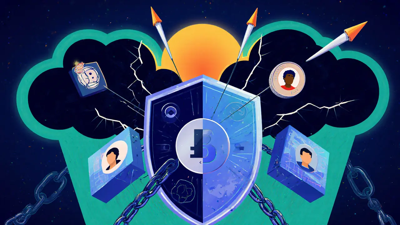 A blockchain shield under attack by AI-generated avatars, with defense symbols glowing.
