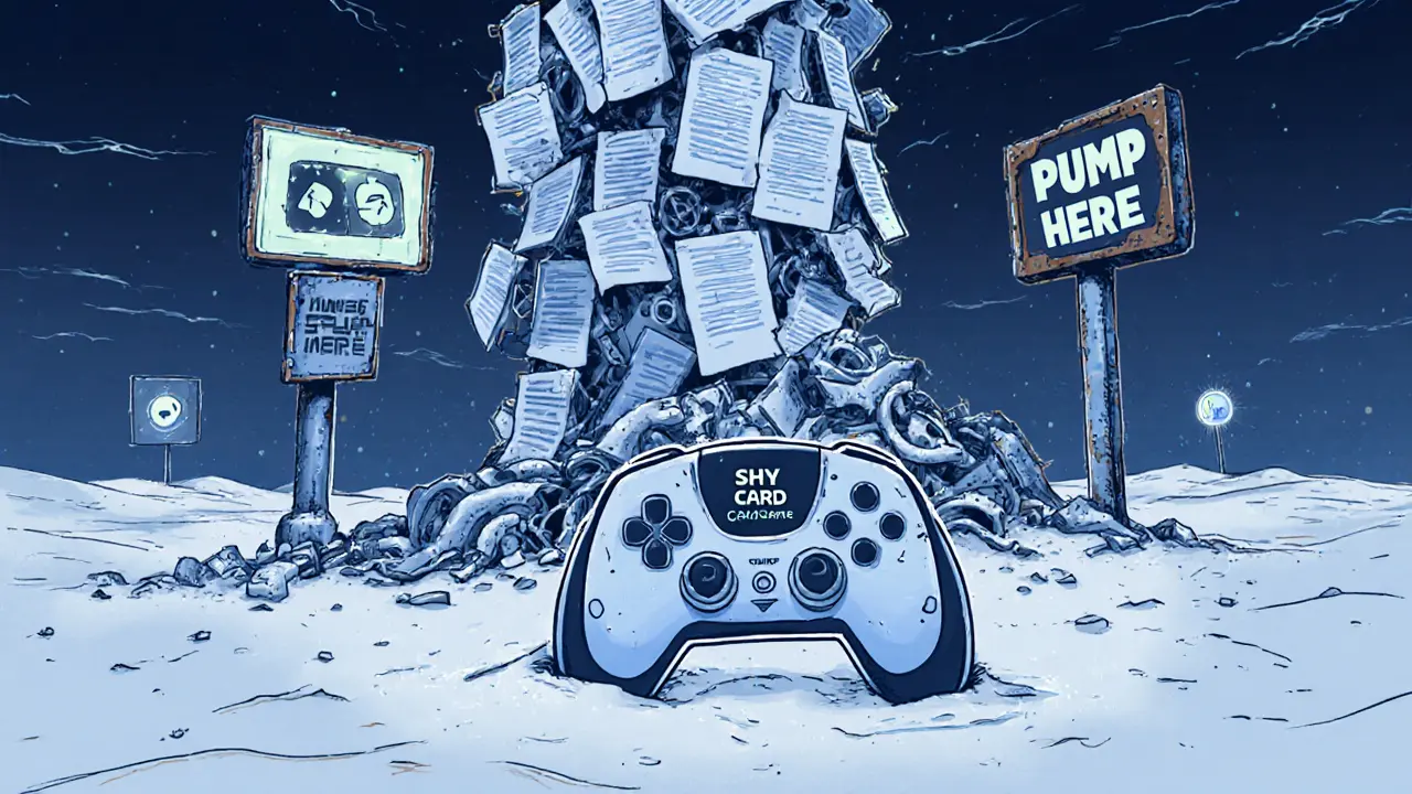 A broken game controller lies in a digital wasteland beside crumbling fake project documents.