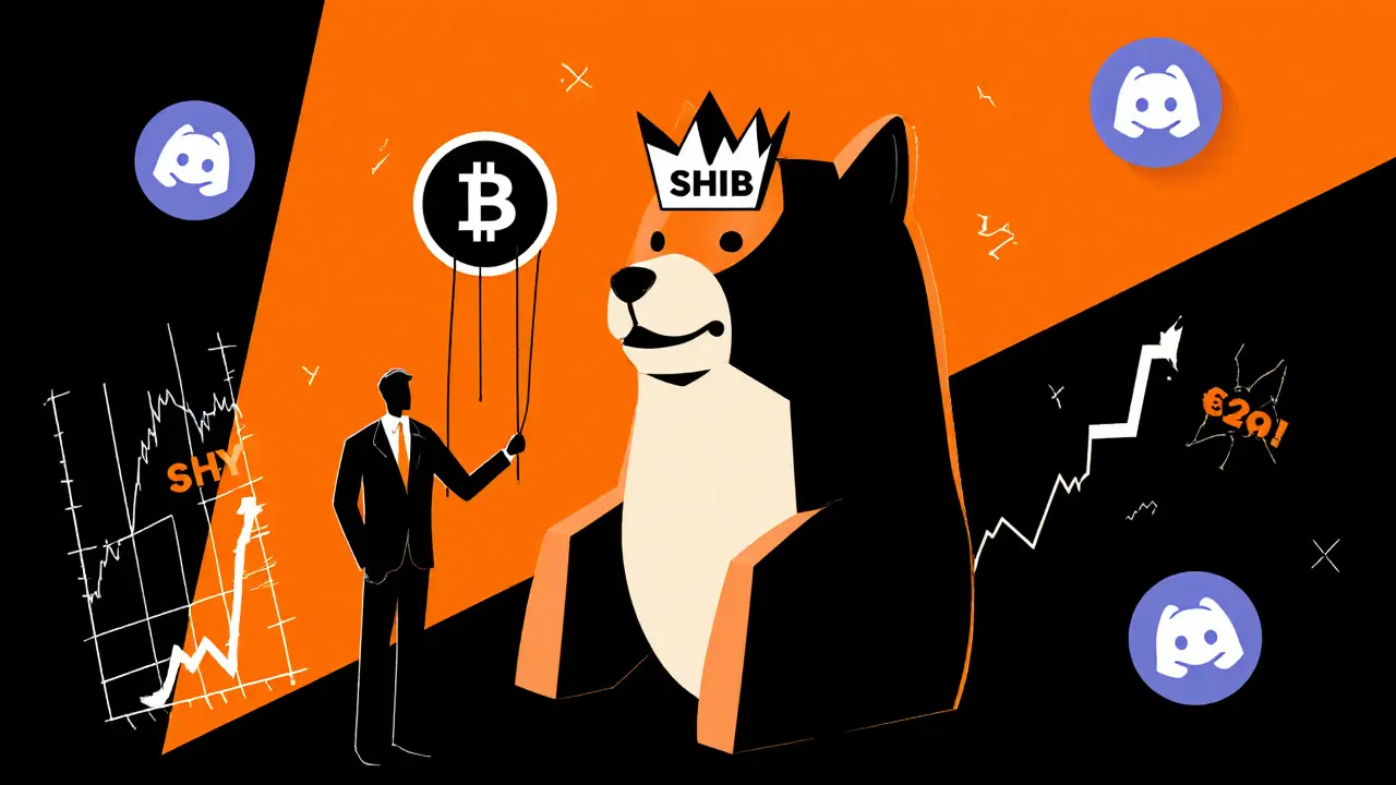 A cardboard Shiba Inu crown puppeteers a SHY coin token amid fake trading charts and bot icons.