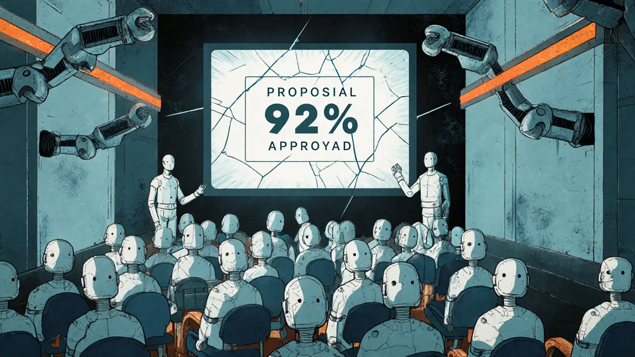 A DAO voting chamber dominated by robotic clones, with only two real participants present.