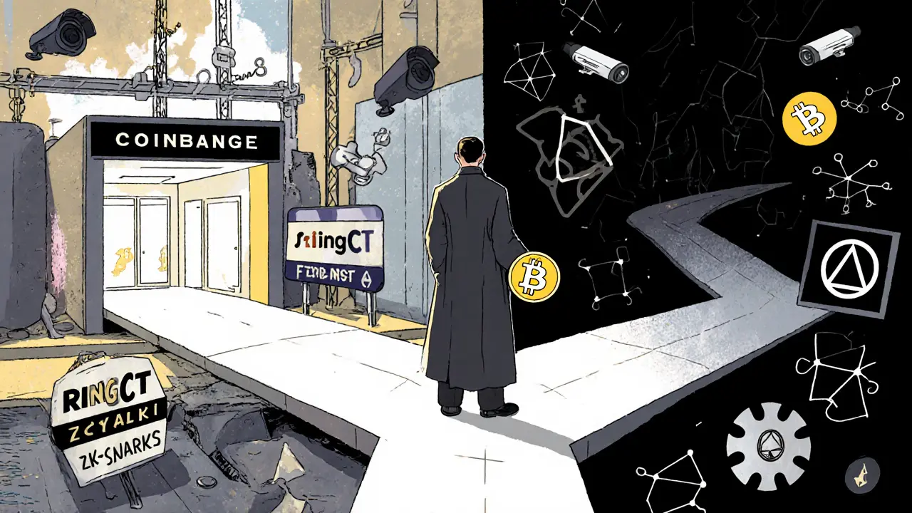 A figure at a crossroads between mainstream crypto and privacy tech, surrounded by abstract symbols.