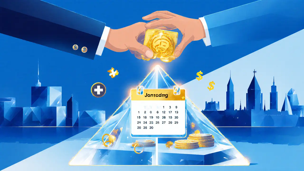 A hand transfers a crypto wallet into a crystalline trust structure, with city silhouettes of tax-friendly countries in the background.