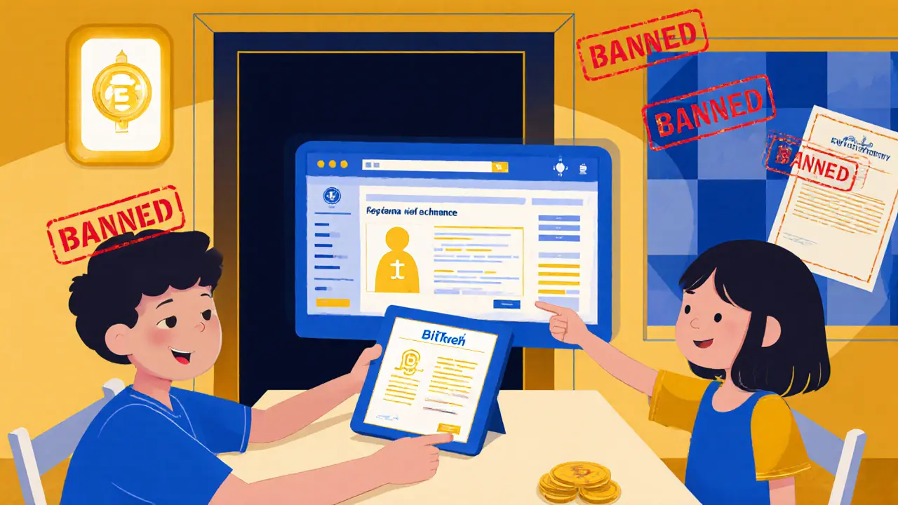 A Thai family views a licensed crypto exchange on a tablet while a banned portal glows red behind them.