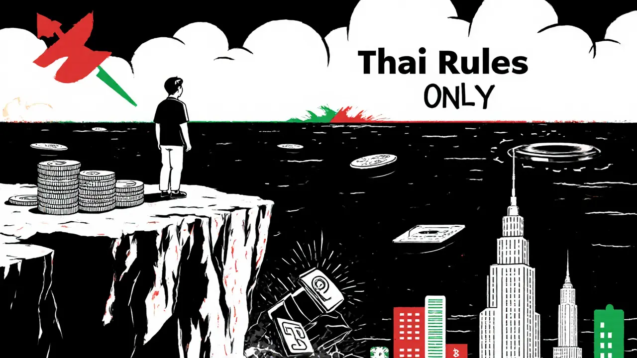 A trader stands on a coin cliff as foreign platforms vanish, while Thai blockchain towers rise in the distance.