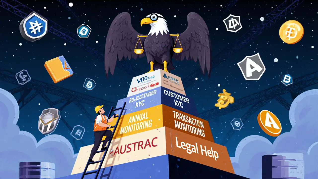 Compliance pyramid climbed by a worker, with AUSTRAC eagle above and crypto icons floating in the sky.