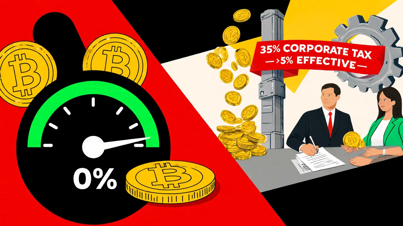 Crypto trader with 0% tax on one side, corporate office with imputation system on the other