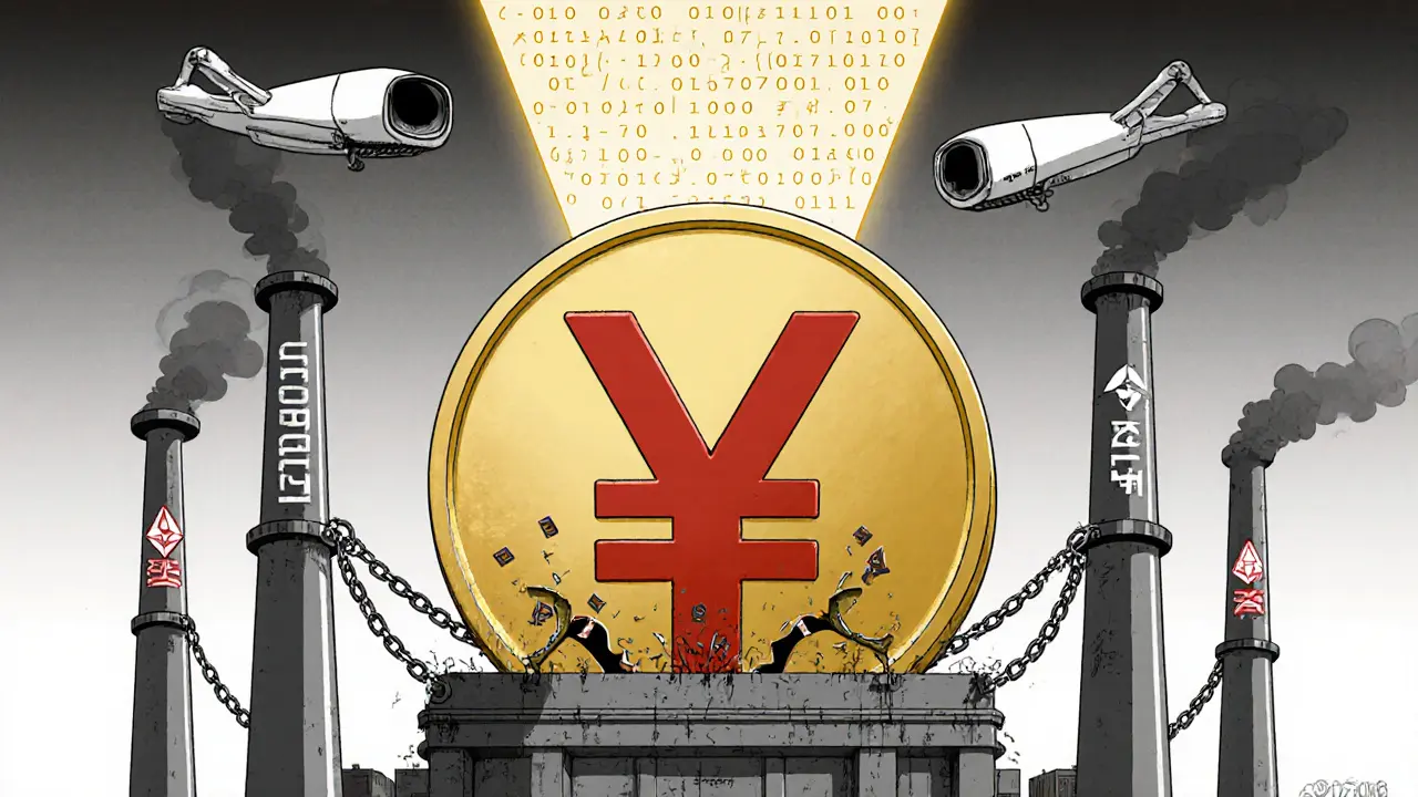 Giant e-CNY monument dominates city as private cryptos break apart at its base.