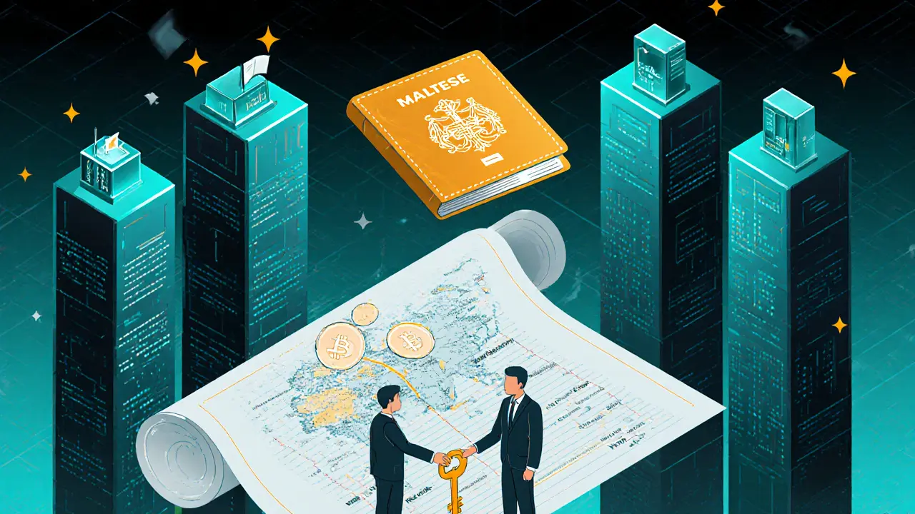 Maltese passport above Europe with blockchain ledger below, symbolizing residency and global access