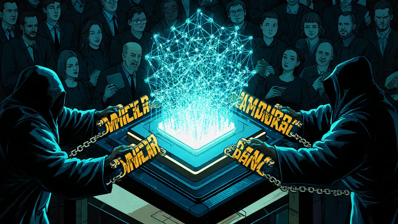 Quantum computer with privacy algorithms fighting against regulatory chains, figures of ordinary users in background.