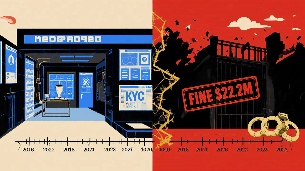 Split scene: compliant crypto platform vs. collapsing illegal operation with fines and prison bars.