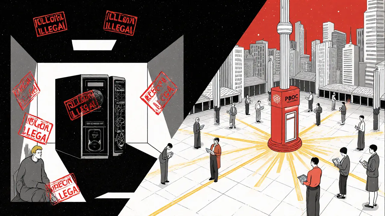 Split scene: illegal crypto mining vs. lawful e-CNY payments in a controlled society.