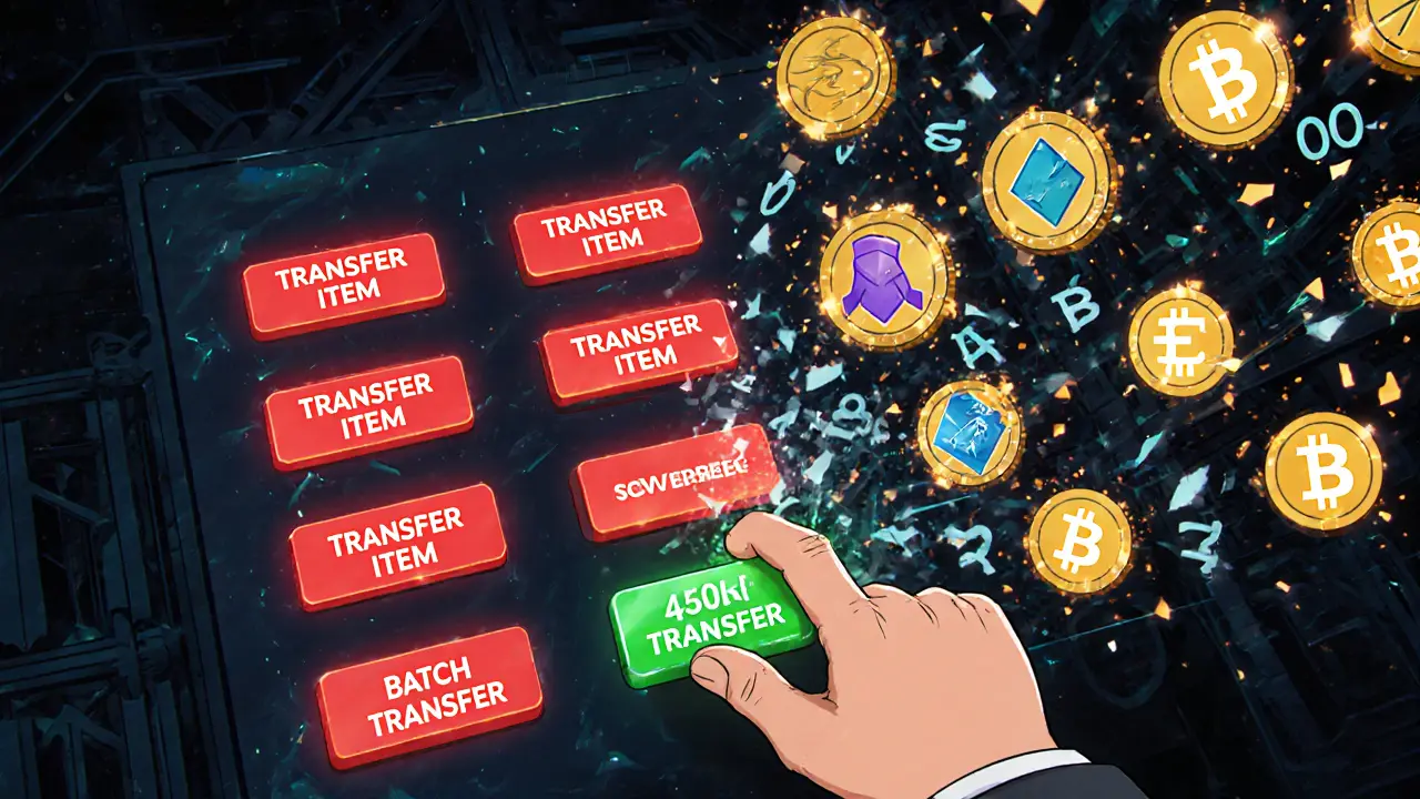 A hand pressing one batch transfer button instead of ten, with 10 token icons moving together and gas fees shattering in the background.