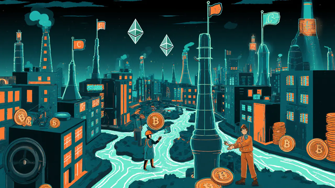 A metaverse city where NFT buildings, coin rivers, and armor towers are connected by glowing ERC-1155 pipelines in a stylized industrial landscape.